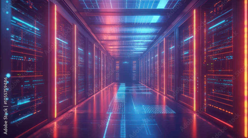 A futuristic data center corridor with illuminated server racks and high-tech ambiance. A futuristic data center corridor with illuminated server racks and high-tech ambiance.