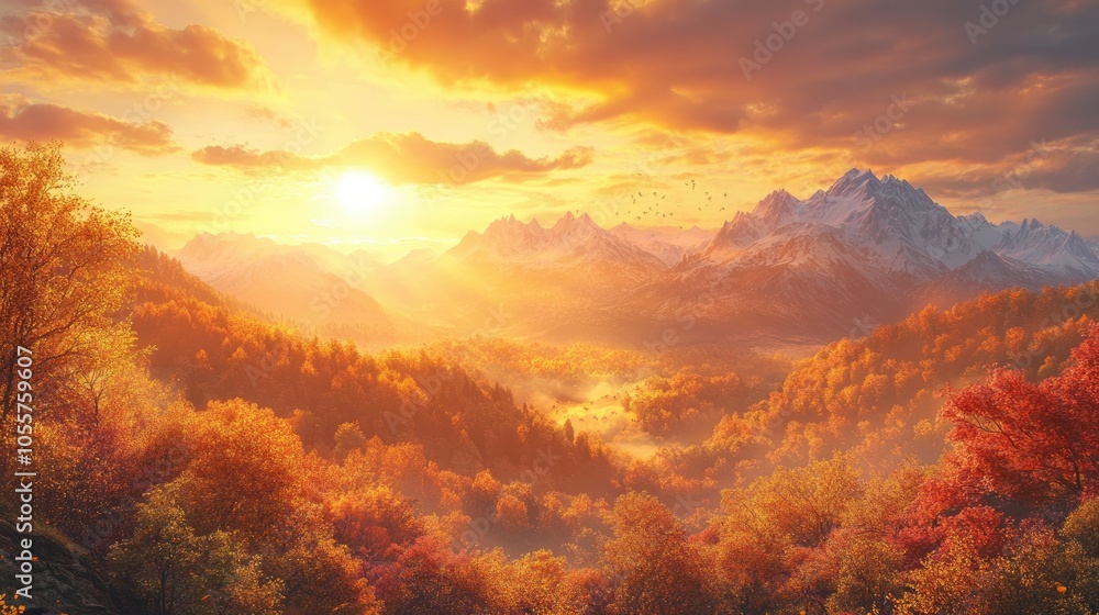 Sunset over majestic mountains on a bright autumn day Sunset over majestic mountains on a bright autumn day