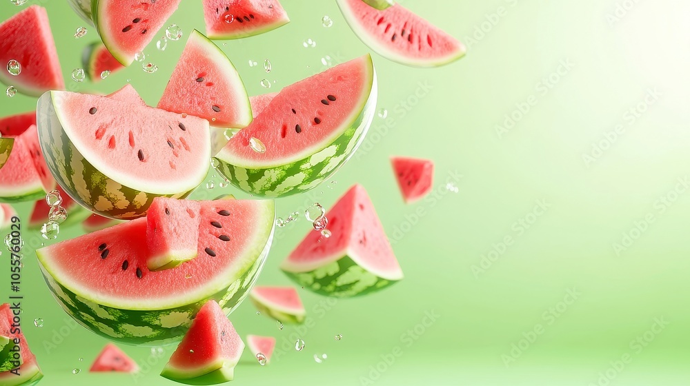 Falling Watermelon Icons, an animated display of vibrant watermelon symbols cascading across a bright green backdrop, creating a playful and refreshing visual experience. Falling Watermelon Icons, an animated display of vibrant watermelon symbols cascading across a bright green backdrop, creating a playful and refreshing visual experience.