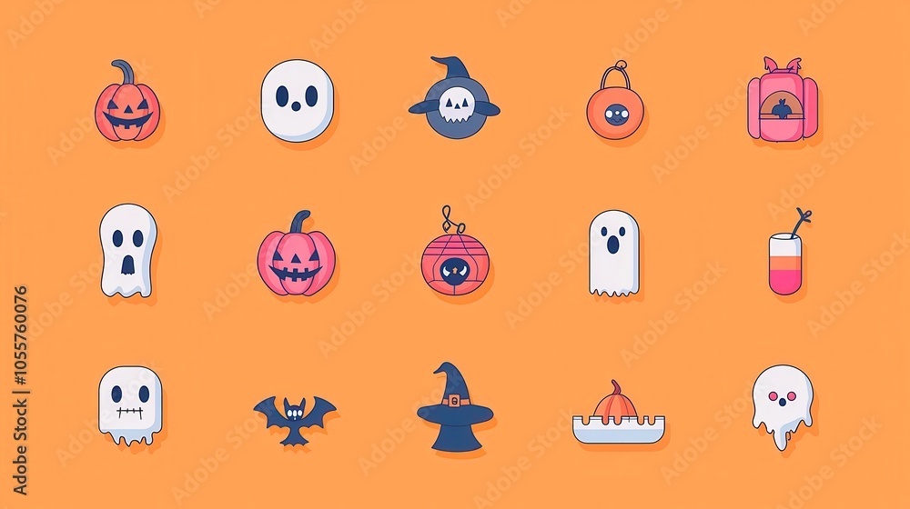 Halloween Icons Animation, vibrant orange backdrop, playful ghosts, pumpkins, bats, and spiders dance, creating a festive, whimsical atmosphere perfect for seasonal celebrations Halloween Icons Animation, vibrant orange backdrop, playful ghosts, pumpkins, bats, and spiders dance, creating a festive, whimsical atmosphere perfect for seasonal celebrations