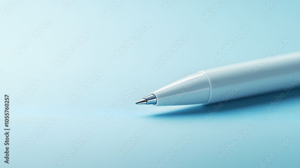 White ballpoint pen on blank paper photographed with soft blue tinted background and extreme shallow depth of field in minimalist office setting. White ballpoint pen on blank paper photographed with soft blue tinted background and extreme shallow depth of field in minimalist office setting.