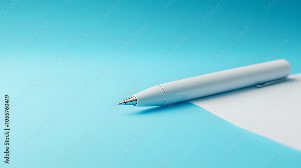 White ballpoint pen on blank paper photographed with soft blue tinted background and extreme shallow depth of field in minimalist office setting. White ballpoint pen on blank paper photographed with soft blue tinted background and extreme shallow depth of field in minimalist office setting.