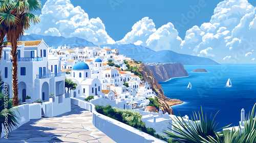 Detailed Vintage Illustration of Greece's Coastal Beauty Featuring Iconic White Houses Against a Blue Sea