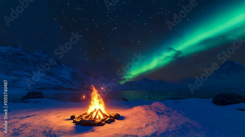 Enchanting campfire glowing in a snowy landscape under vibrant aurora lights, creating a magical atmosphere with twinkling stars in the night sky.