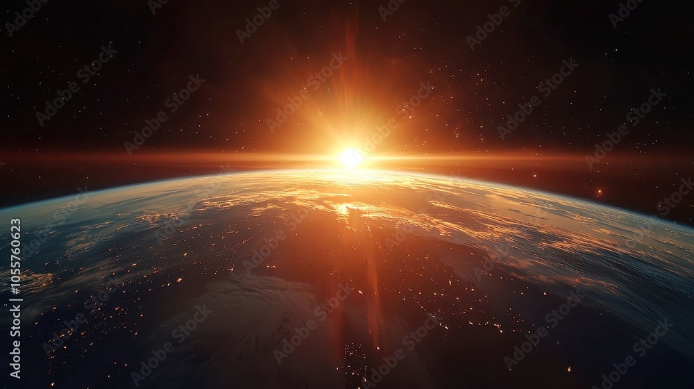 Obraz premium Vibrant Dawn Illuminating Urban Landscapes, A breathtaking view of the Earth at sunrise, showcasing cities aglow with night lights and the transition to daylight.