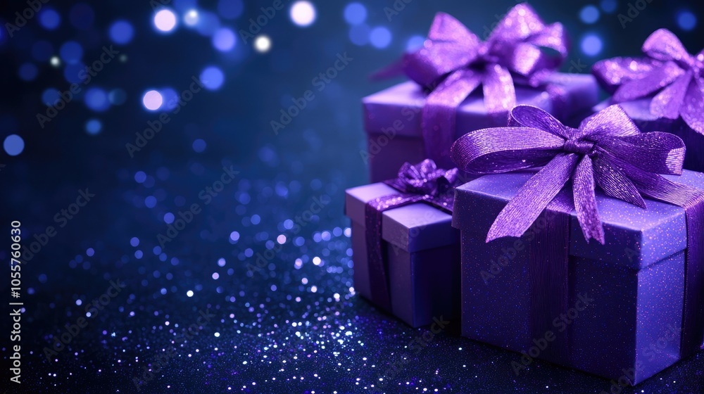 Elegant purple gift boxes adorned with violet ribbon bows set against a dark blue backdrop featuring lights and sparkles perfect for various festive occasions with space for text Elegant purple gift boxes adorned with violet ribbon bows set against a dark blue backdrop featuring lights and sparkles perfect for various festive occasions with space for text