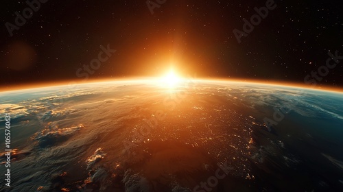 Vibrant Dawn Above Urban Landscapes, A breathtaking view of a colorful sunrise illuminating cities at night, showcasing the beauty of Earth from a celestial perspective