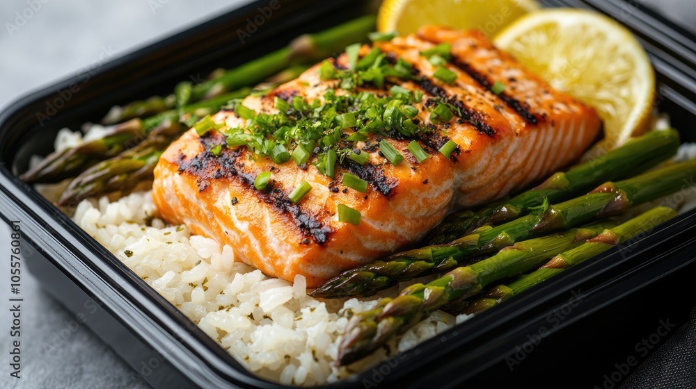 Meal of rice topped with grilled salmon and asparagus served in a container Healthy lunch option for nutritious catering and balanced diet Meal of rice topped with grilled salmon and asparagus served in a container Healthy lunch option for nutritious catering and balanced diet
