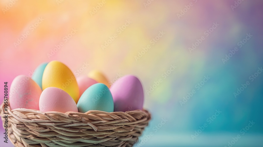 Vibrant Easter eggs in a woven basket set against a colorful backdrop Soft pastel shades of Easter eggs enhance the holiday theme with ample copy space Vibrant Easter eggs in a woven basket set against a colorful backdrop Soft pastel shades of Easter eggs enhance the holiday theme with ample copy space