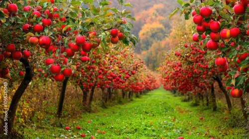 Abundant apple trees laden with ripe red fruit in a tranquil orchard setting