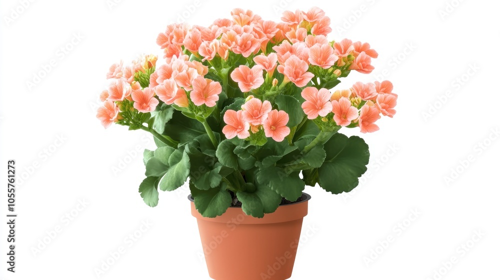 Kalanchoe plant in a pot viewed from the front set against a white background Kalanchoe plant in a pot viewed from the front set against a white background