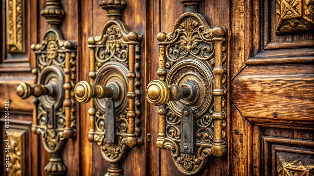 Close-Up of Antique Brass and Forged Door Handles in Vintage Architecture Restoration Close-Up of Antique Brass and Forged Door Handles in Vintage Architecture Restoration