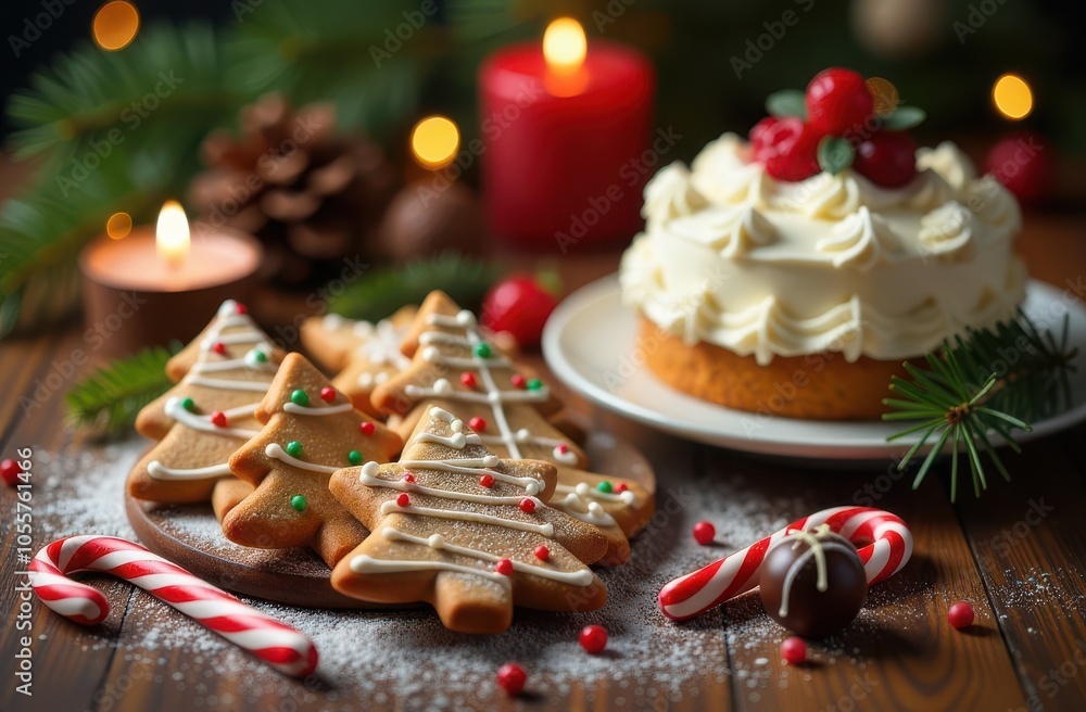 Christmas cookies and candies on a wooden table with christmas decorations Christmas cookies and candies on a wooden table with christmas decorations