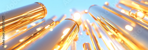 3D abstract curve line pipe bamboo plant forest with glitter metal, gold and silver beautiful glossy metallic virtual space cosmetic shiny web technology background