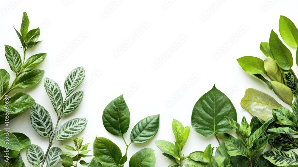 Naklejka premium Vibrant green leaves against a white background create a fresh and lively botanical visual