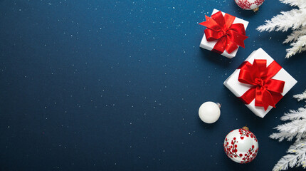 Merry Christmas and Happy Holidays greeting card, frame, banner. New Year. Noel. Red and white Christmas red ornaments and gifts on blue background top view. Winter xmas holiday theme.	
