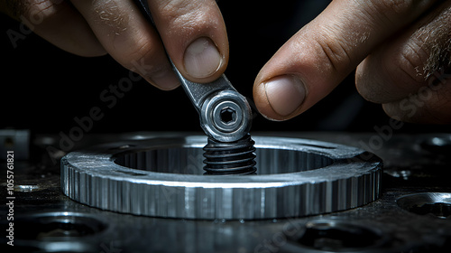 Close-up of Hands Tightening a Metal Screw with a Wrench, Precision Engineering and Mechanical Assembly, Industrial Tools and Machinery