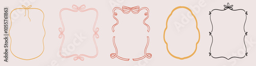 Hand drawn bows ribbons border illustration for printed media decoration. Vintage retro frames for greeting cards, wedding and birthday party, picnic invitations in cute elegant doodle line style.