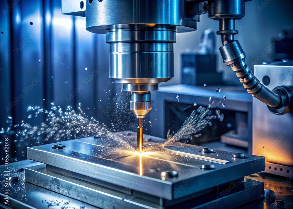 Close-Up of CNC Milling Machine in Low Light Cutting Injection Mold Parts with Solid Endmill Tools Close-Up of CNC Milling Machine in Low Light Cutting Injection Mold Parts with Solid Endmill Tools