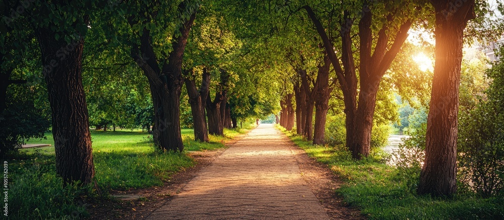 Obraz premium Romantic And Unusual Pavement Alley Path With Trees In Park Summer Walk Beautiful Scenery