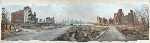 A panoramic view of a deserted urban landscape, showing a cityscape in the distance, with a large pile of rubble