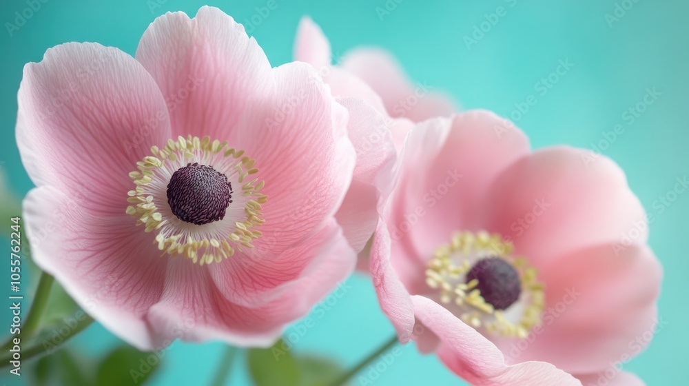 Delicate pink anemone flowers in close up against a turquoise backdrop capturing the serene beauty of nature in spring and summer Delicate pink anemone flowers in close up against a turquoise backdrop capturing the serene beauty of nature in spring and summer