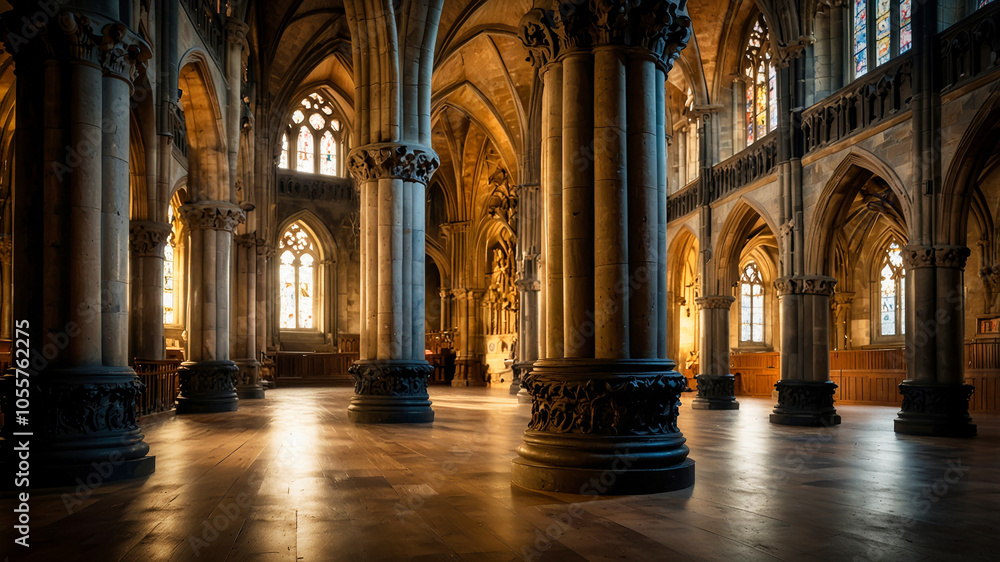 Fototapeta premium Inside of an ancient gothic cathedral with wooden floor and carved stone columns