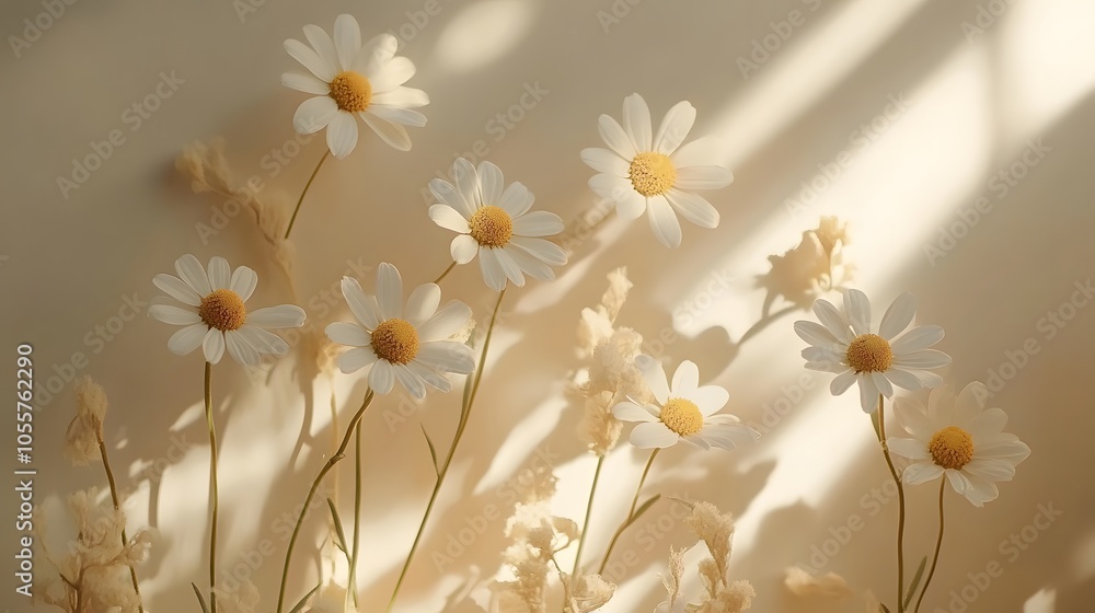 Fototapeta premium White daisies photographed in bright window light creating shadow patterns, styled against soft beige background for ethereal botanical composition.