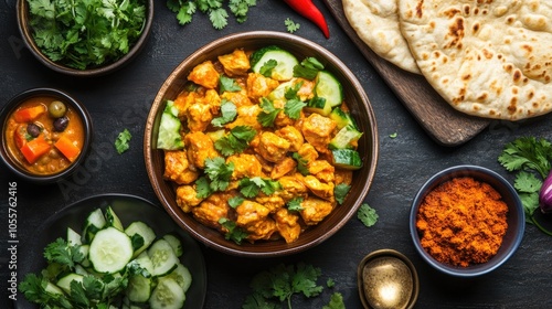 Wallpaper Mural Bowl of chicken curry salad accompanied by fresh vegetables naan bread and herbs set against a dark backdrop Torontodigital.ca
