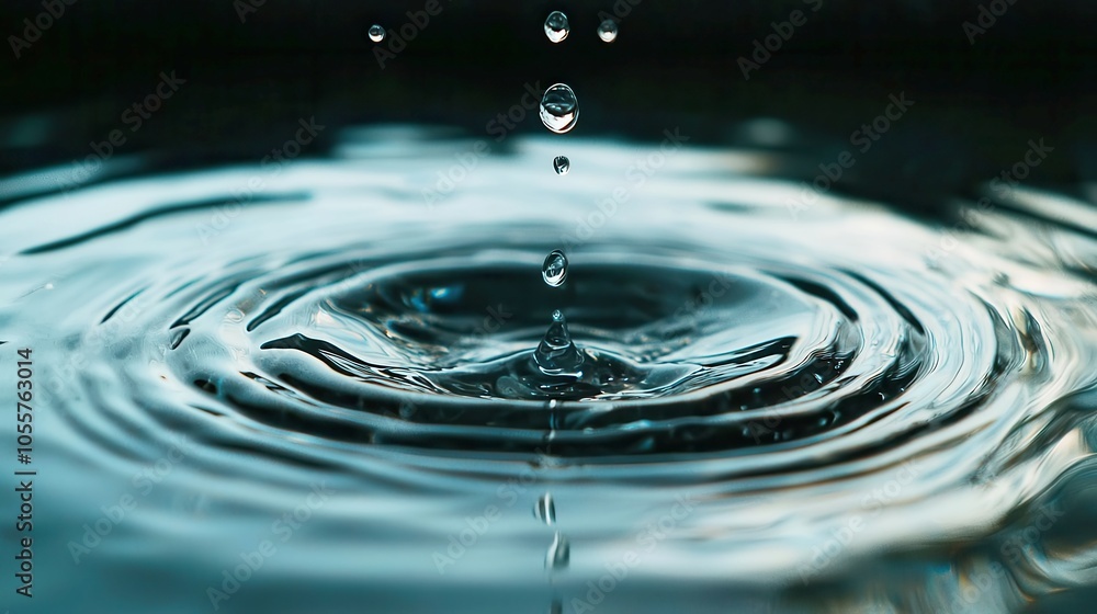 Droplet Creating Ripples, a close-up of a clear droplet descending into still water, generating delicate ripples, emphasizing purity and tranquility in a serene environment Droplet Creating Ripples, a close-up of a clear droplet descending into still water, generating delicate ripples, emphasizing purity and tranquility in a serene environment