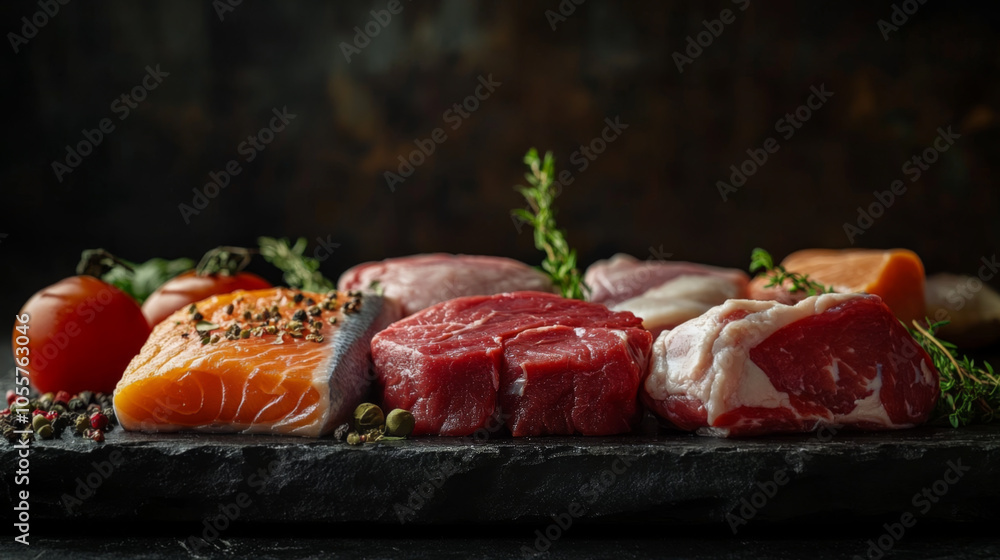 Fresh Cuts of Meat and Salmon on a Slate Board Fresh Cuts of Meat and Salmon on a Slate Board