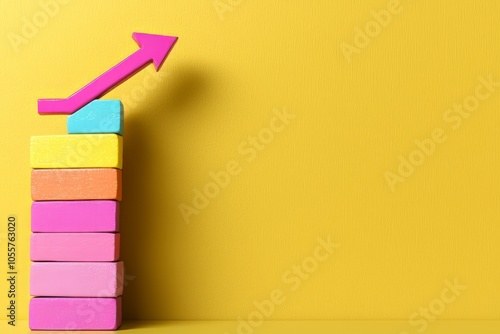 Colorful blocks with an upward arrow on a yellow background, symbolizing growth. photo