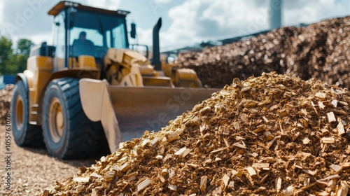 Bulldozer carrying a load of woodchips photo