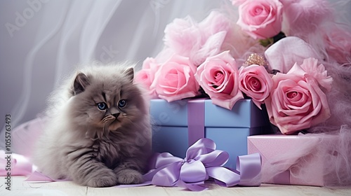 bouquet of delicate pink roses with cute kitten holding a gift, silk blue ribbons, photo