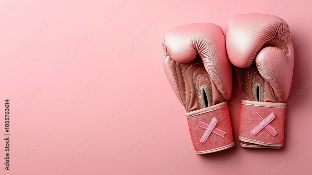 Pair of pink boxing gloves with breast cancer awareness ribbon on pink background, symbolizing strength and support against breast cancer. Pair of pink boxing gloves with breast cancer awareness ribbon on pink background, symbolizing strength and support against breast cancer.