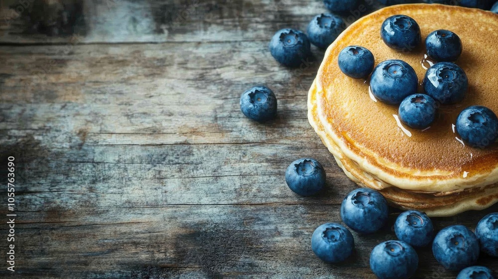 Tasty pancakes topped with fresh blueberries on a rustic wooden surface Ideal for a healthy breakfast theme