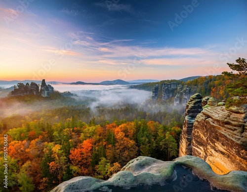 The beautiful autumn forests and sea of clouds sunrise of Singanense of China.