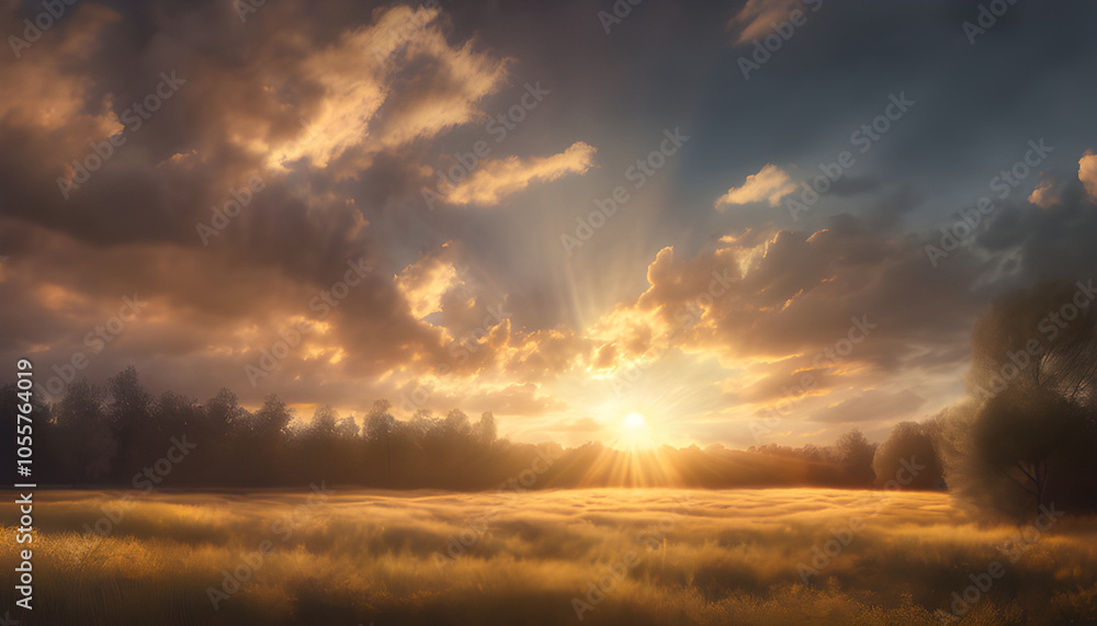 Sunlight streaming through clouds in the evening is perfect for creating a calm and realistic atmosphere. Sunlight streaming through clouds in the evening is perfect for creating a calm and realistic atmosphere.