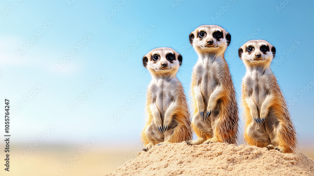 Three meerkats standing on sandy mound, guarding their territory under blue sky Three meerkats standing on sandy mound, guarding their territory under blue sky