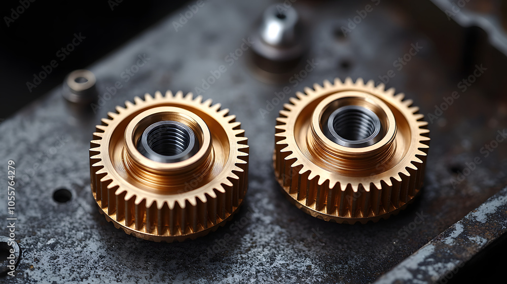 Dynamic Aerial View of Intricately Crafted Golden Gears in Striking Arrangement on Rugged Gray Metal Surface with Text Space Dynamic Aerial View of Intricately Crafted Golden Gears in Striking Arrangement on Rugged Gray Metal Surface with Text Space