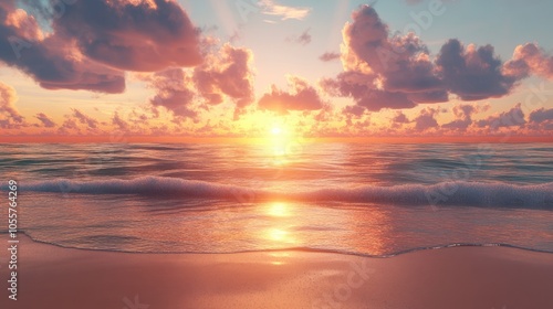 Sunset over the ocean with reflections on a sandy beach