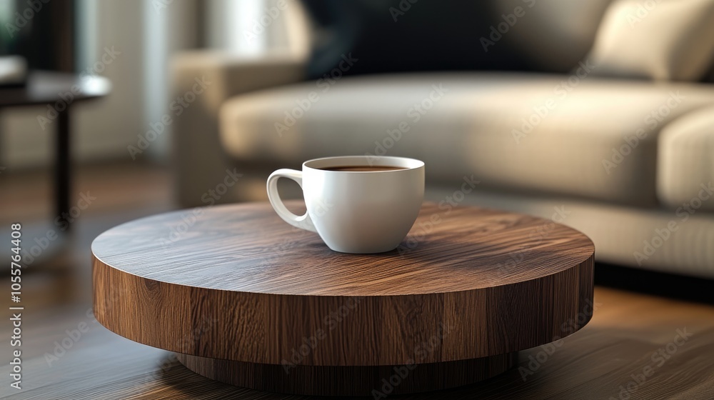 Wooden espresso coffee table featuring a white cup filled with a warm beverage Wooden espresso coffee table featuring a white cup filled with a warm beverage