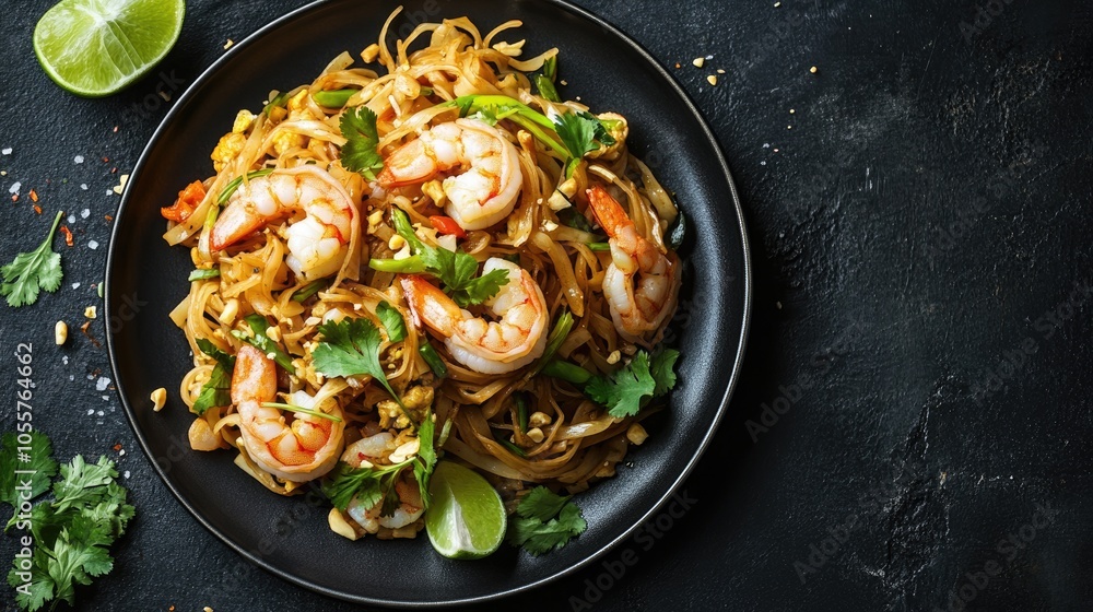 Top view of a flavorful shrimp pad thai served on a plate against a dark backdrop Top view of a flavorful shrimp pad thai served on a plate against a dark backdrop