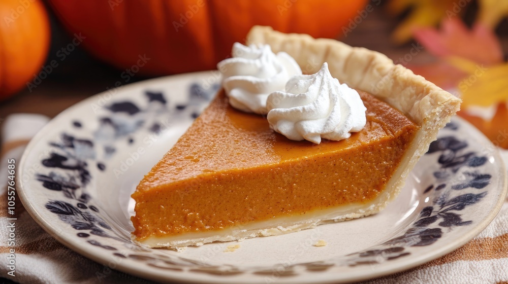 Close up of a slice of classic homemade pumpkin pie served on a plate Close up of a slice of classic homemade pumpkin pie served on a plate
