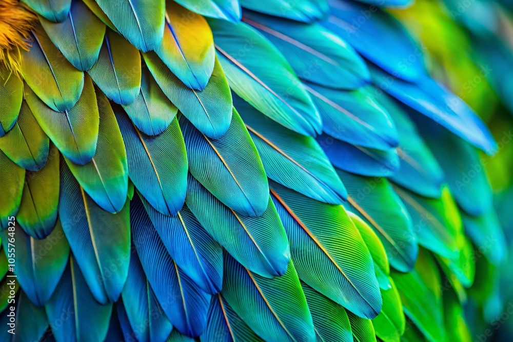 Fototapeta premium Closeup of Vibrant Blue and Green Parrot Feathers with Textured Patterns for Nature Photography