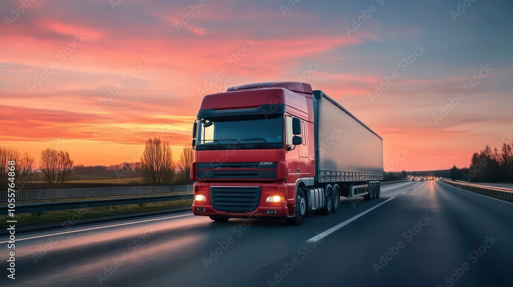 A large orange truck driving on a highway during sunset.