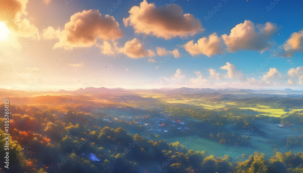 The sunlight shines through the blue afternoon sky, with small flares scattered in bright spots. The sunlight shines through the blue afternoon sky, with small flares scattered in bright spots.