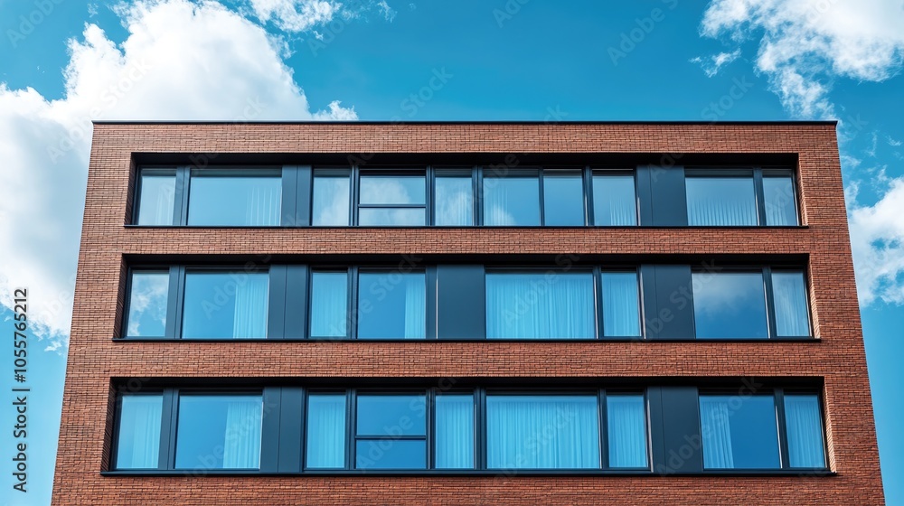 Modern building featuring high windows with grid design Modern building featuring high windows with grid design