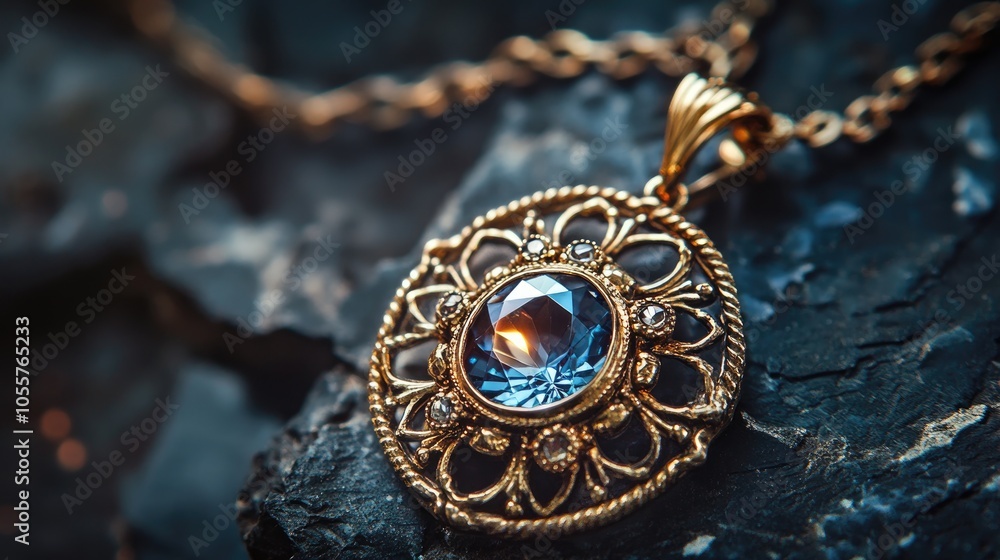 Close up of a shimmering gemstone set in an ornate pendant showcased against a dark backdrop with ample space for text Close up of a shimmering gemstone set in an ornate pendant showcased against a dark backdrop with ample space for text