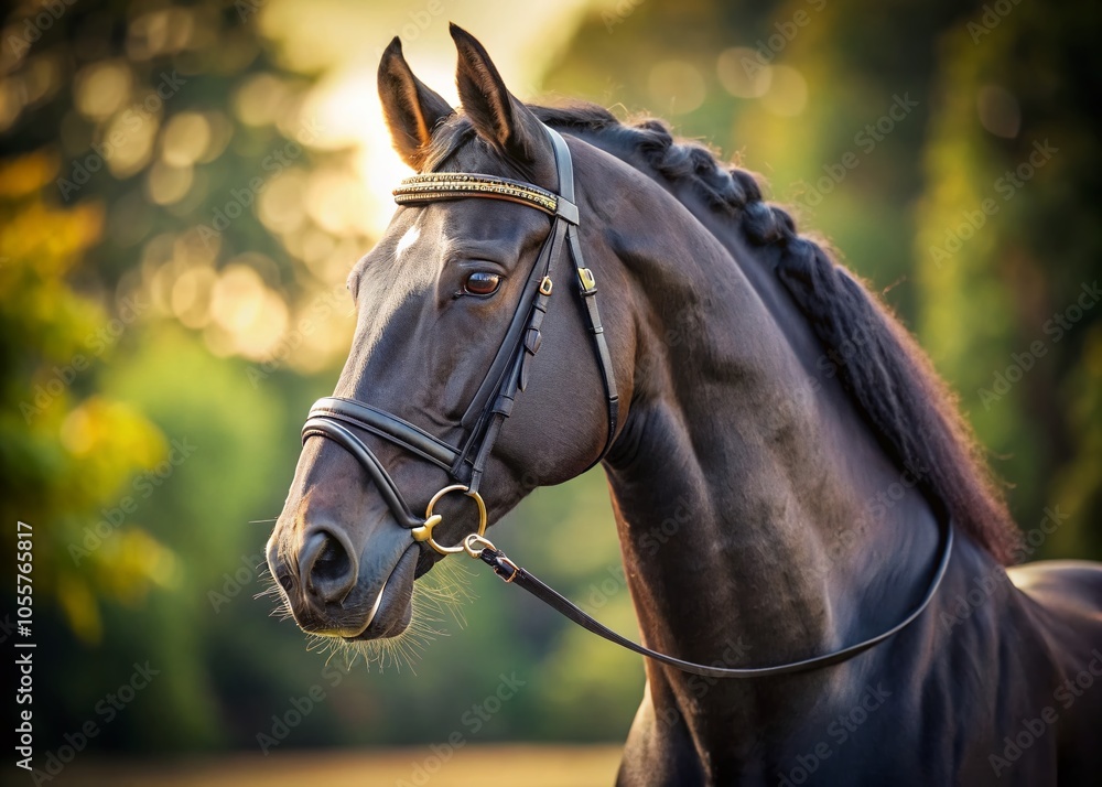 Obraz premium Close-Up Portrait of a Majestic Black Horse with Cavesson and Baroque Curb Bit for Equestrian Enthusiasts